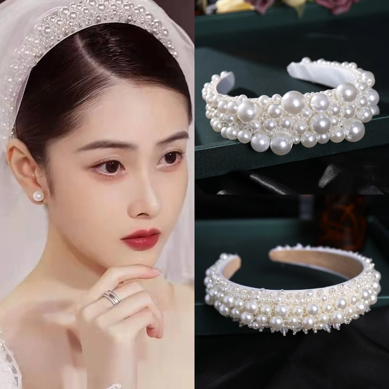 Gümüş Renk İnci Hairband Kafa Tiara Kadınlar Kore Zarif Saç Çember Süs Gelin Düğün saç aksesuarları Takı Bandı