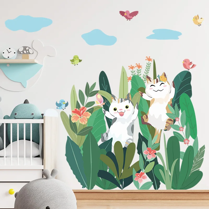 Güzel Kedi Gizleme Yeşil Yapraklar duvar çıkartmaları Çocuk Odası için Çocuk Yatak Odası Sevimli Hayvanlar Duvar Çıkartmaları Kreş Dekorasyon Duvar