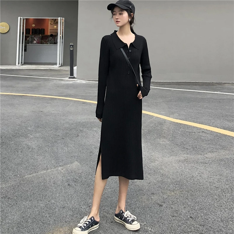 Harajuku Kadın uzun elbise 2019 Sonbahar Bayanlar Elbiseler Bebek Yaka Tek Göğüslü Rüzgar Örgü Maxi Elbise