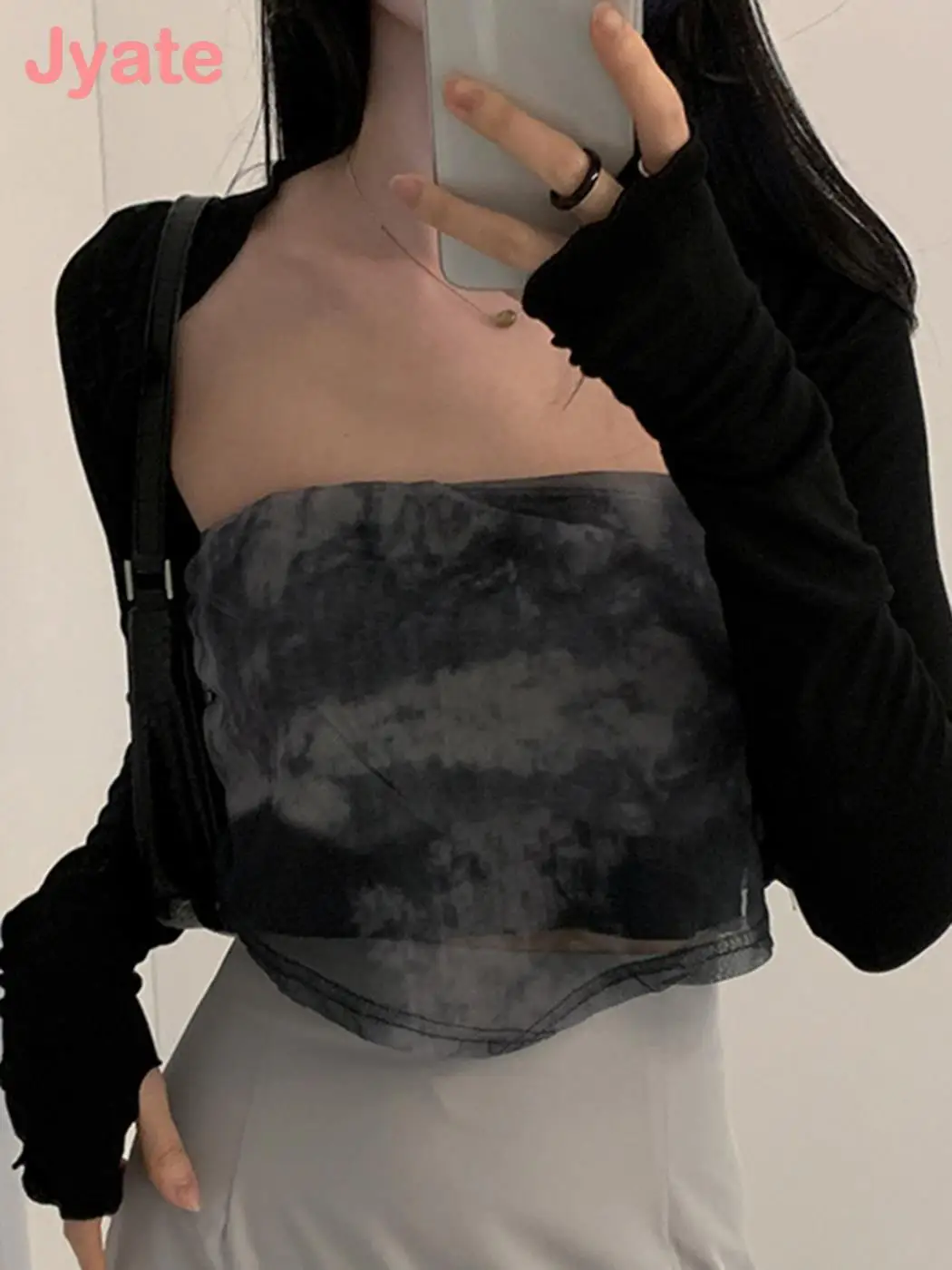 Jyate Fairycore Siyah Hırka Kadın Sonbahar Y2k Streetwear Uzun Kollu Üstleri Bayanlar Estetik Harajuku İnce T-Shirt 2023 Yeni