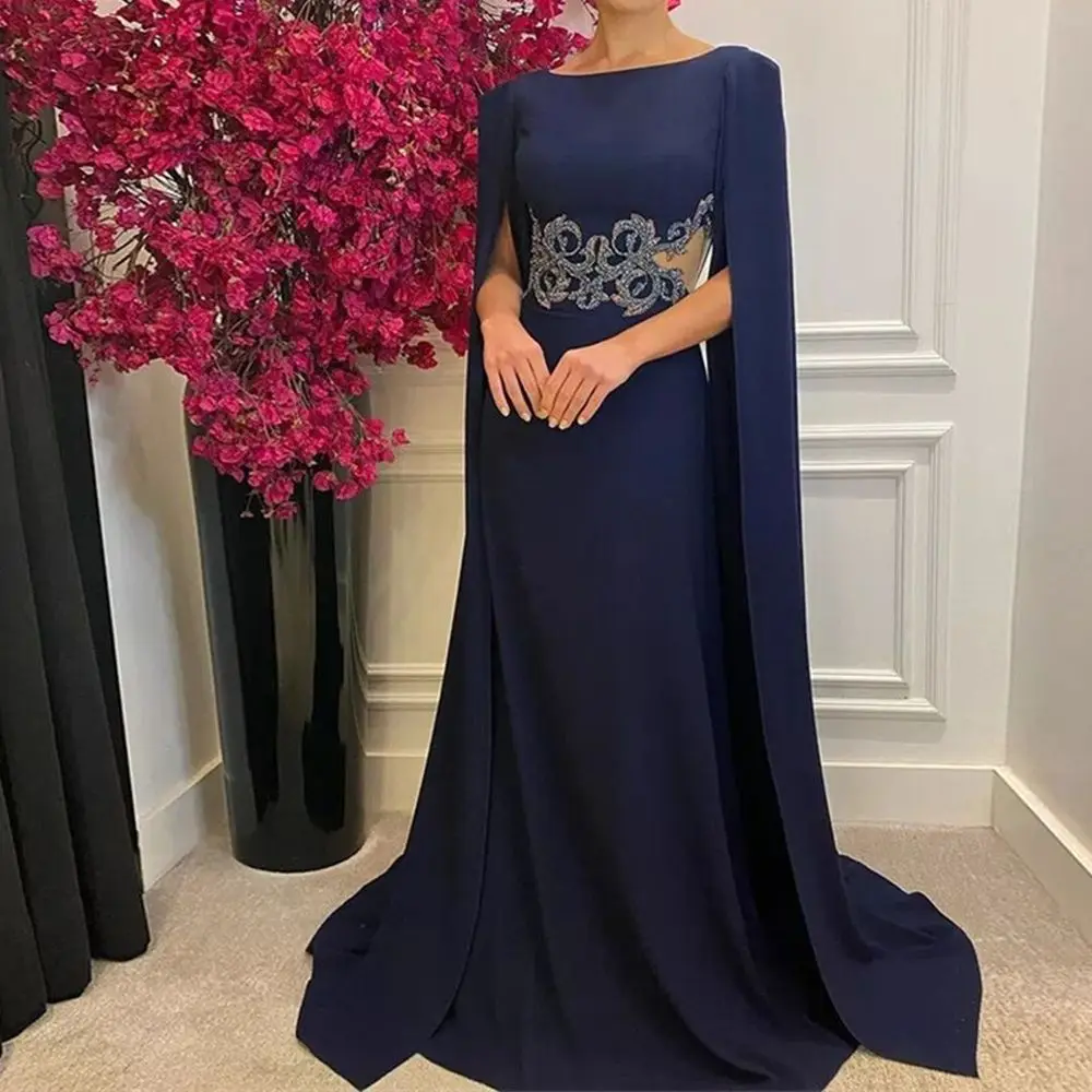 Koyu Mavi A-Line anne Gelin Elbiseler Kat Uzunluk Scoop Jersey kadın Abiye Boncuklu Düğün Parti Elbise