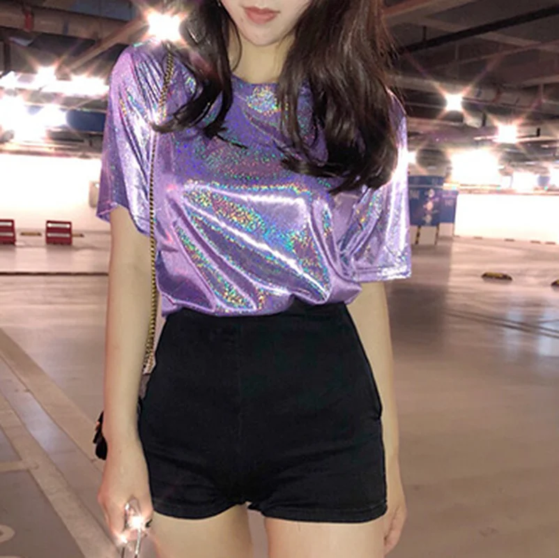 Parlak Gevşek kısa kollu tişört Kore Kadın Gömlek Tops Seksi Kulübü Y2k Estetik Harajuku Retro Şık Parlak İpek Casual Tees