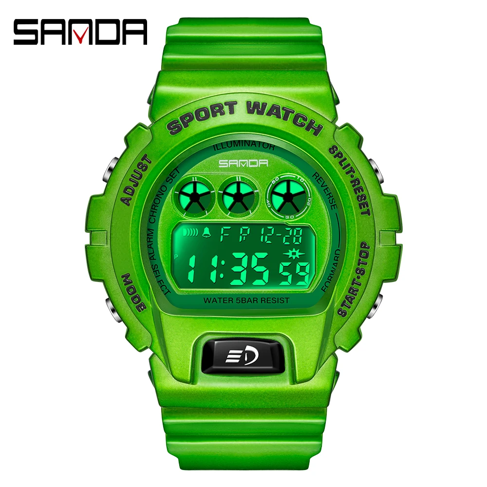 SANDA marka yeni yeşil parlak renk tek hareketi elektronik saat erkek ve kadın çok fonksiyonlu su geçirmez izle