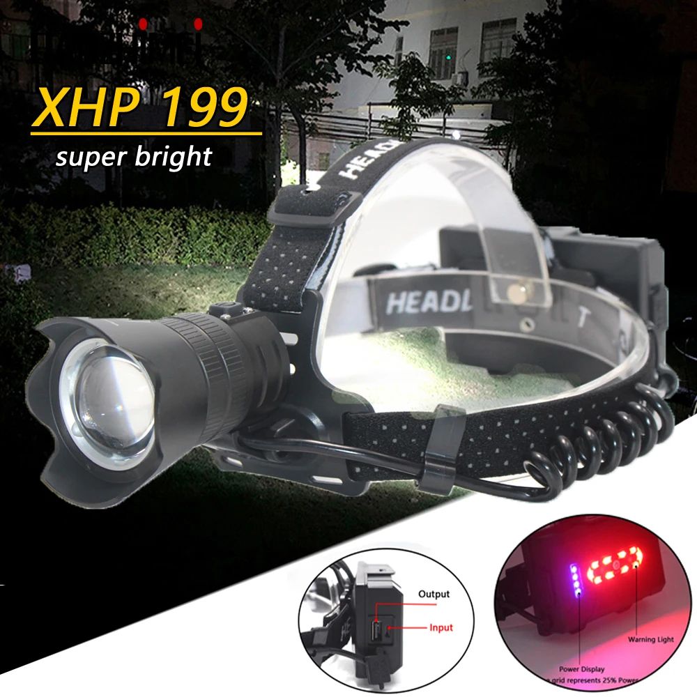 Süper Parlak XHP199 Far USB Şarj Edilebilir Güçlü Zoom Kafa lambası balıkçı ışığı 3 modu Su Geçirmez Far Avcılık Fener