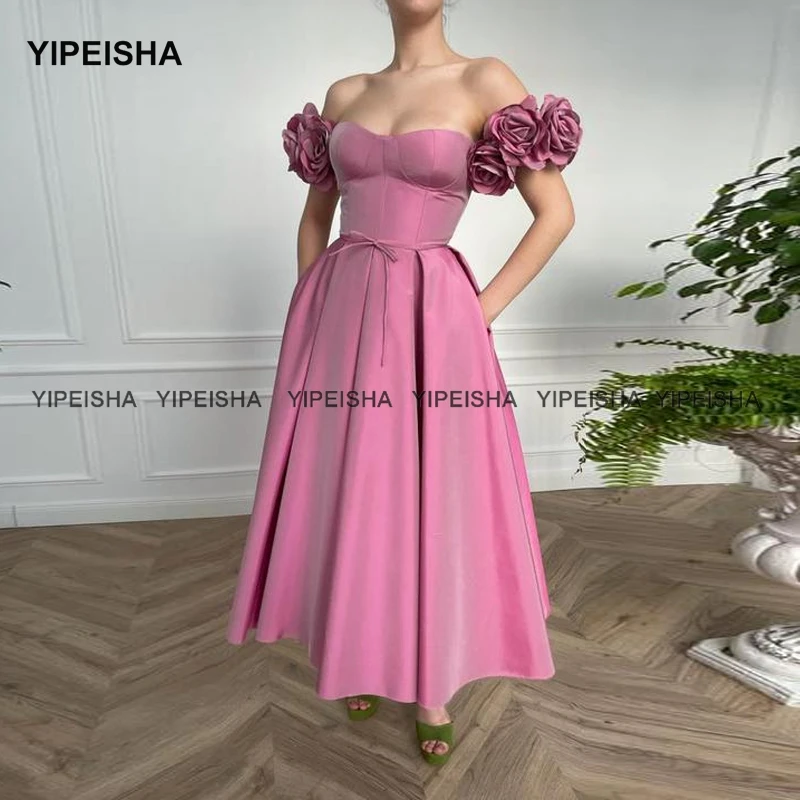 Yipeisha Vintage Çay boyu Gül balo kıyafetleri Off-omuz Çiçekler Bir Çizgi Tafta Parti Elbise Kısa Vestido de Festa Curto